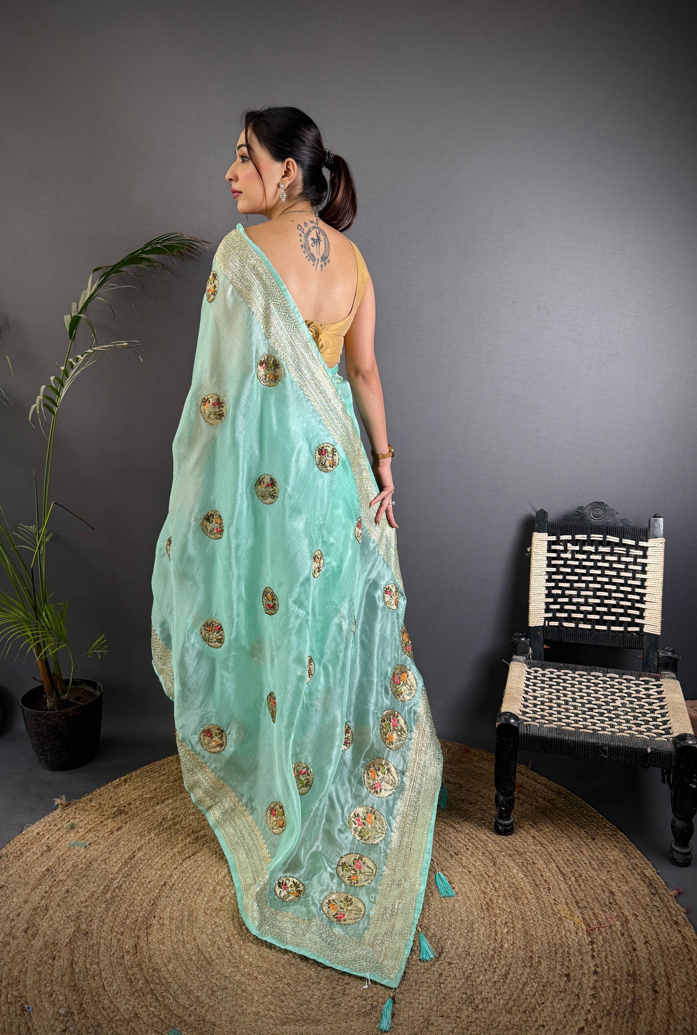 Sonakshi Women'S Sky Pure Organza Silk With Attractive Embroidery Work Traditional Saree With Blouse | Grocsy