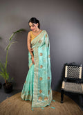 Sonakshi Women'S Sky Pure Organza Silk With Attractive Embroidery Work Traditional Saree With Blouse | Grocsy
