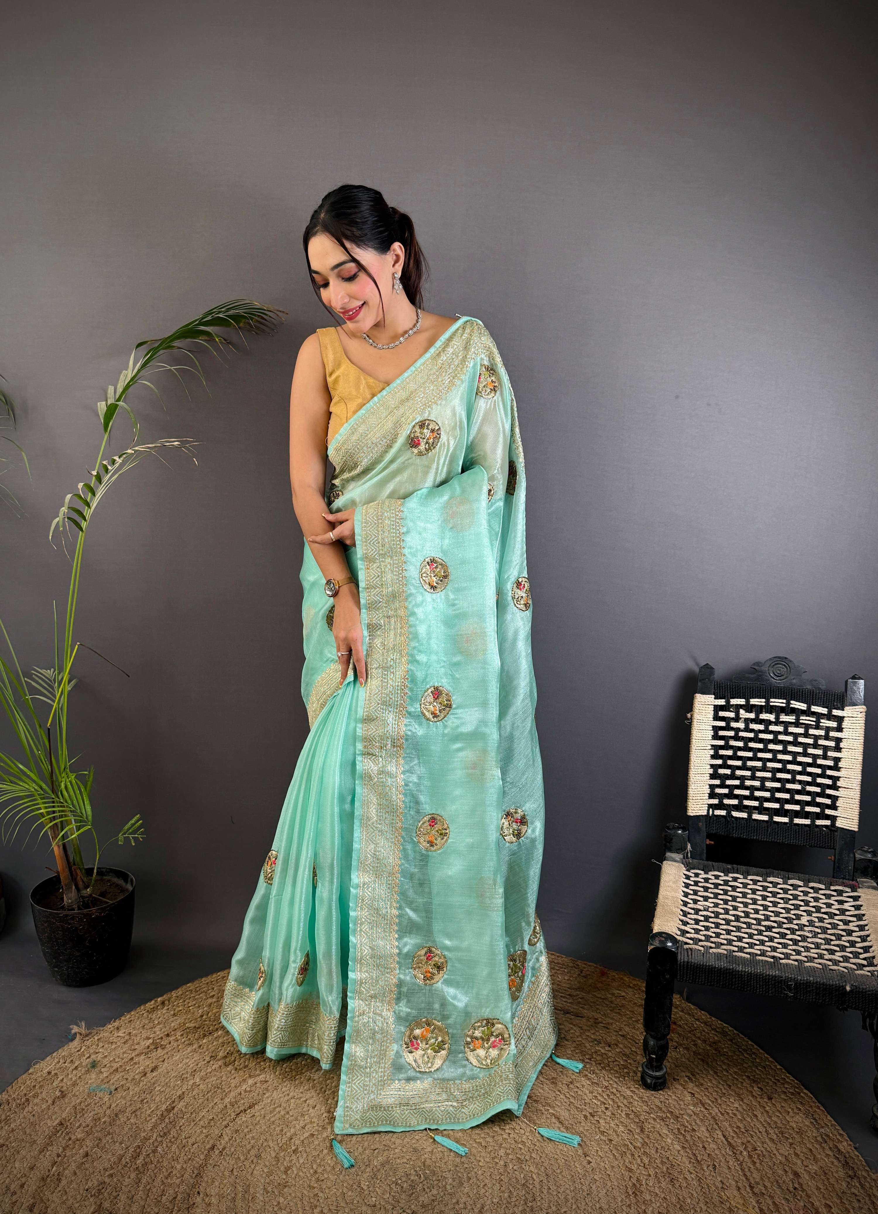 Sonakshi Women'S Sky Pure Organza Silk With Attractive Embroidery Work Traditional Saree With Blouse | Grocsy