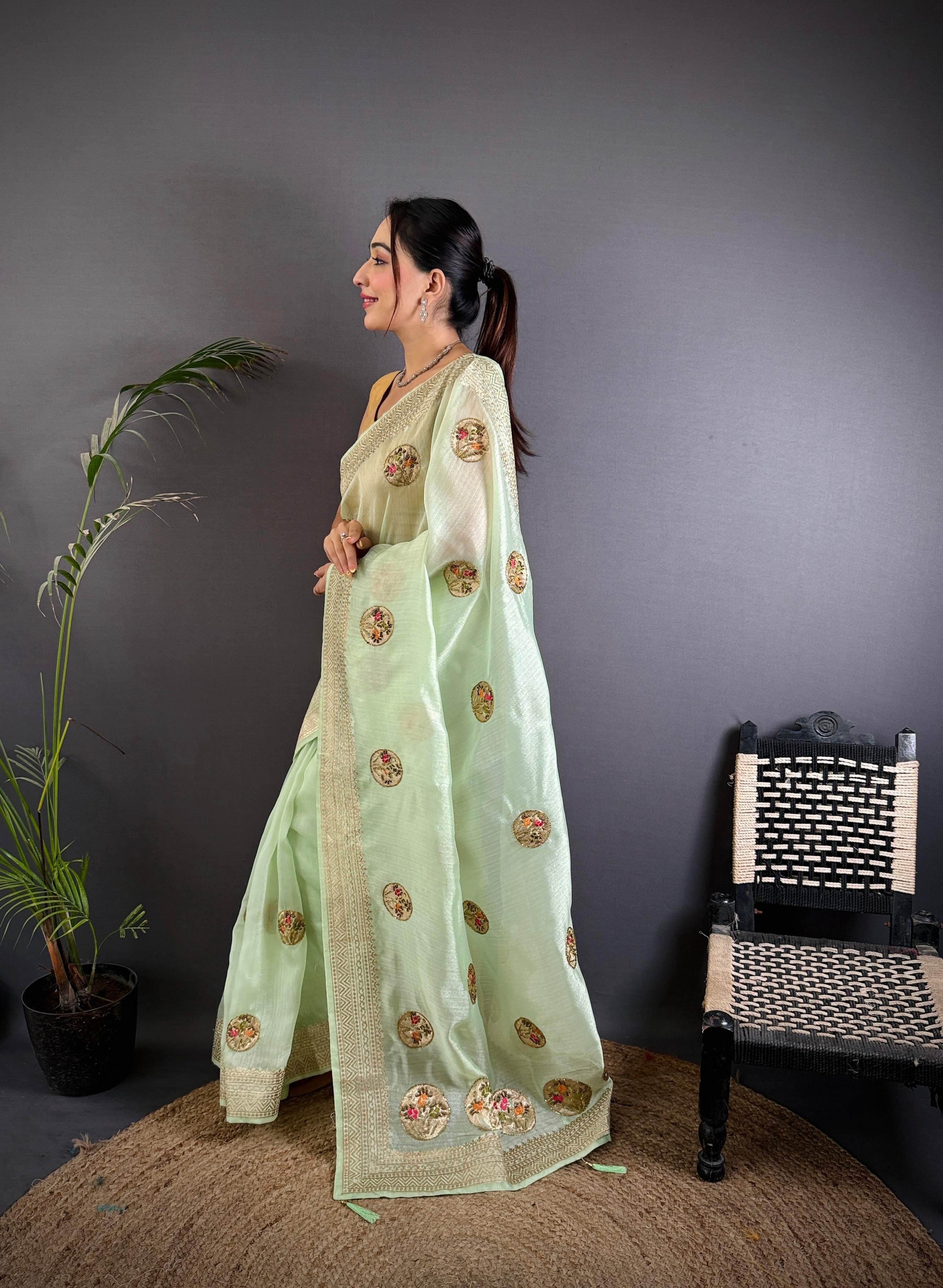 Sonakshi Women'S Pista Pure Organza Silk With Attractive Embroidery Work Traditional Saree With Blouse | Grocsy