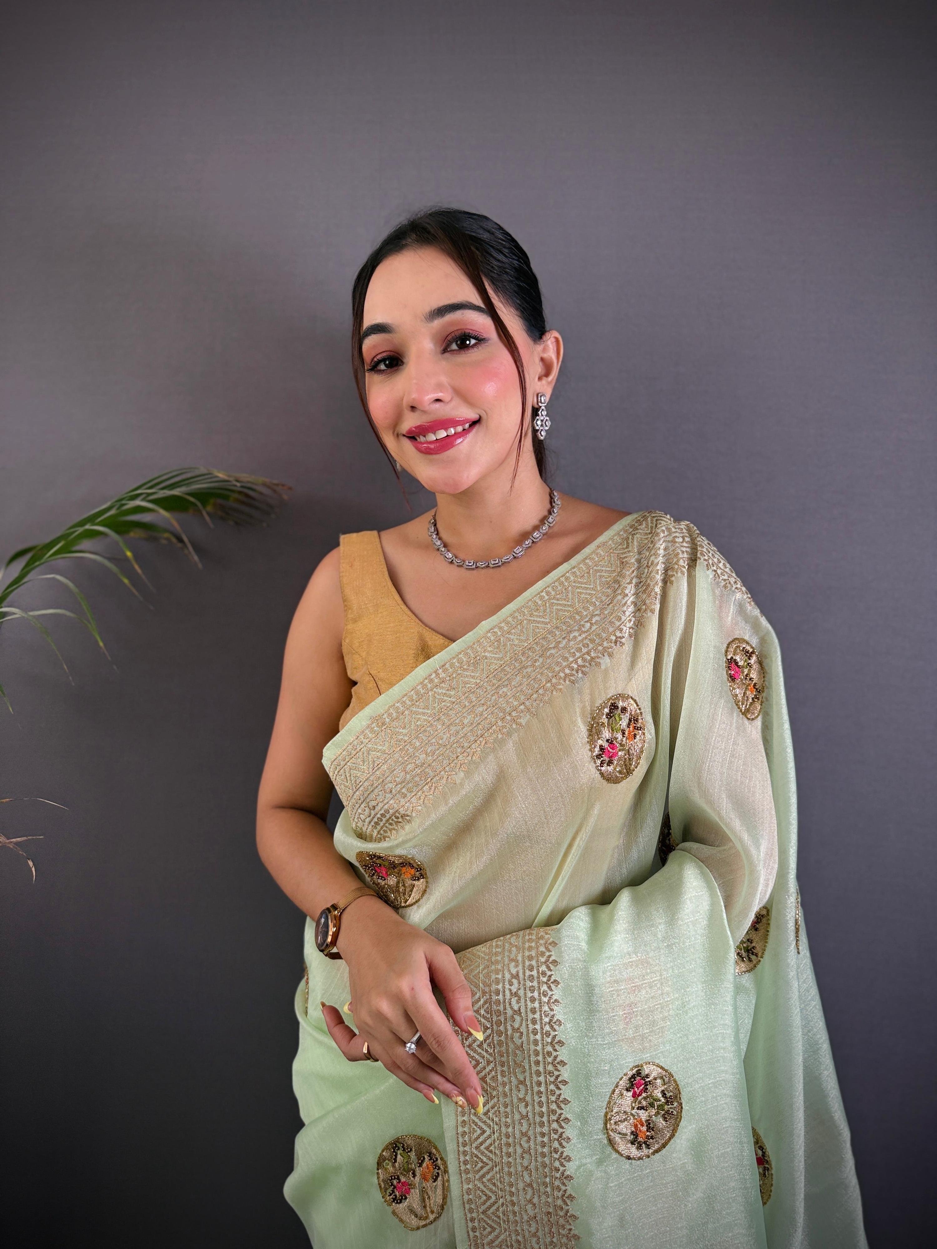 Sonakshi Women'S Pista Pure Organza Silk With Attractive Embroidery Work Traditional Saree With Blouse | Grocsy