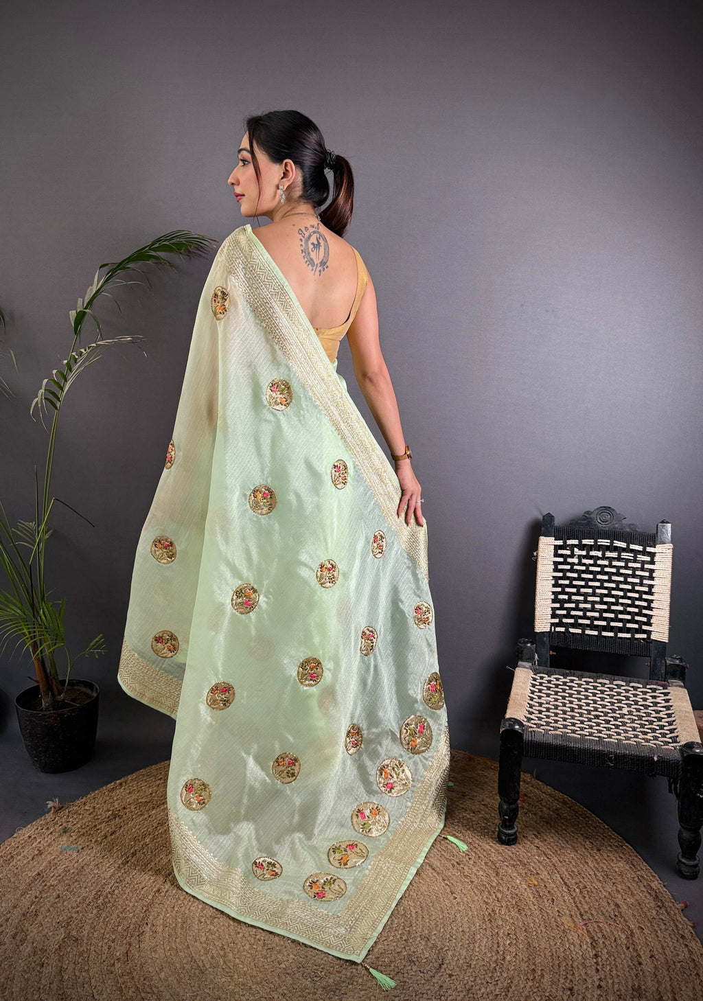 Sonakshi Women'S Pista Pure Organza Silk With Attractive Embroidery Work Traditional Saree With Blouse | Grocsy