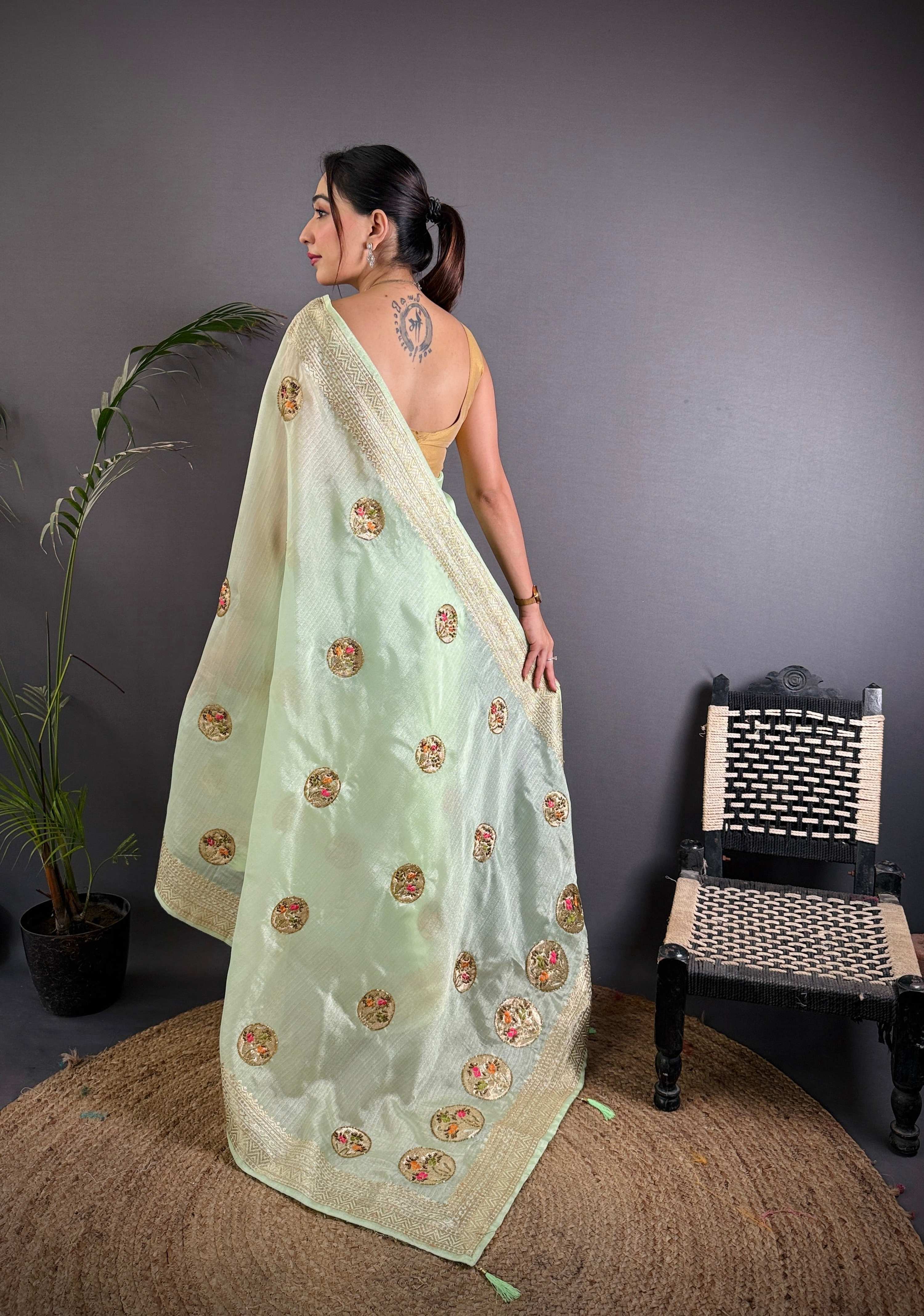 Sonakshi Women'S Pista Pure Organza Silk With Attractive Embroidery Work Traditional Saree With Blouse | Grocsy