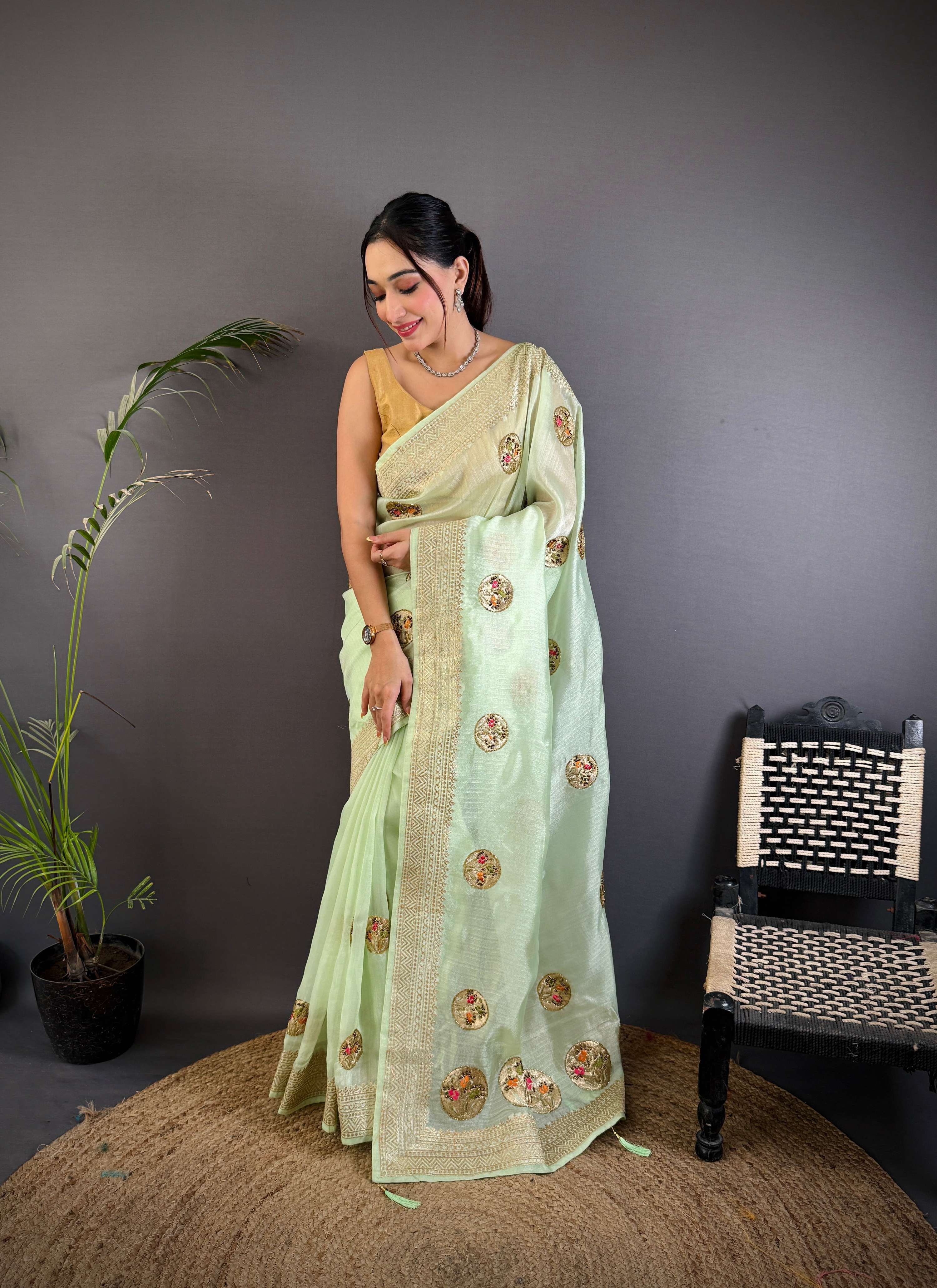 Sonakshi Women'S Pista Pure Organza Silk With Attractive Embroidery Work Traditional Saree With Blouse | Grocsy