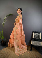 Sonakshi Women'S Peach Pure Organza Silk With Attractive Embroidery Work Traditional Saree With Blouse | Grocsy