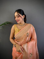 Sonakshi Women'S Peach Pure Organza Silk With Attractive Embroidery Work Traditional Saree With Blouse | Grocsy