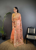 Sonakshi Women'S Peach Pure Organza Silk With Attractive Embroidery Work Traditional Saree With Blouse | Grocsy