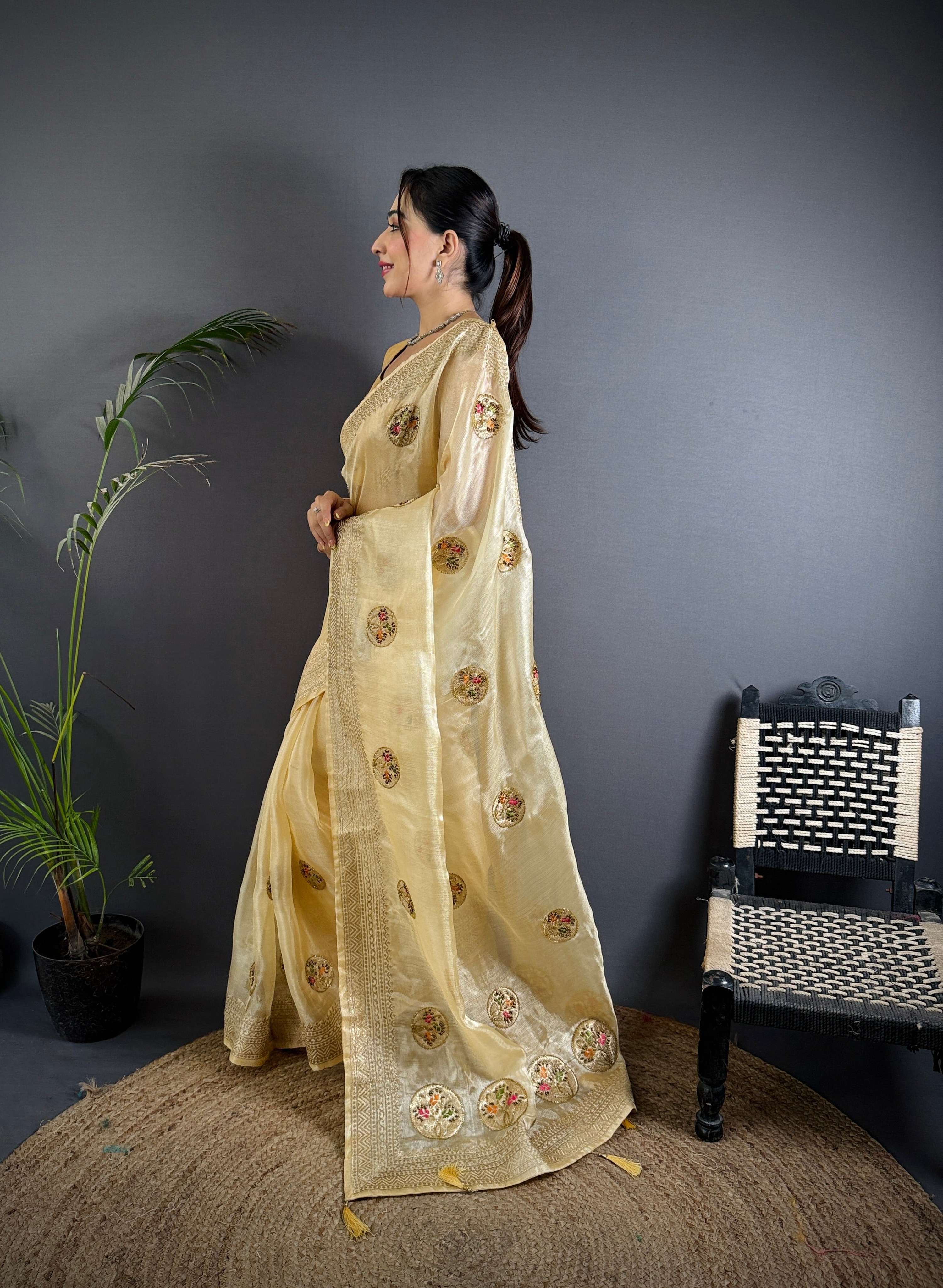 Sonakshi Women'S Chandan Pure Organza Silk With Attractive Embroidery Work Traditional Saree With Blouse | Grocsy