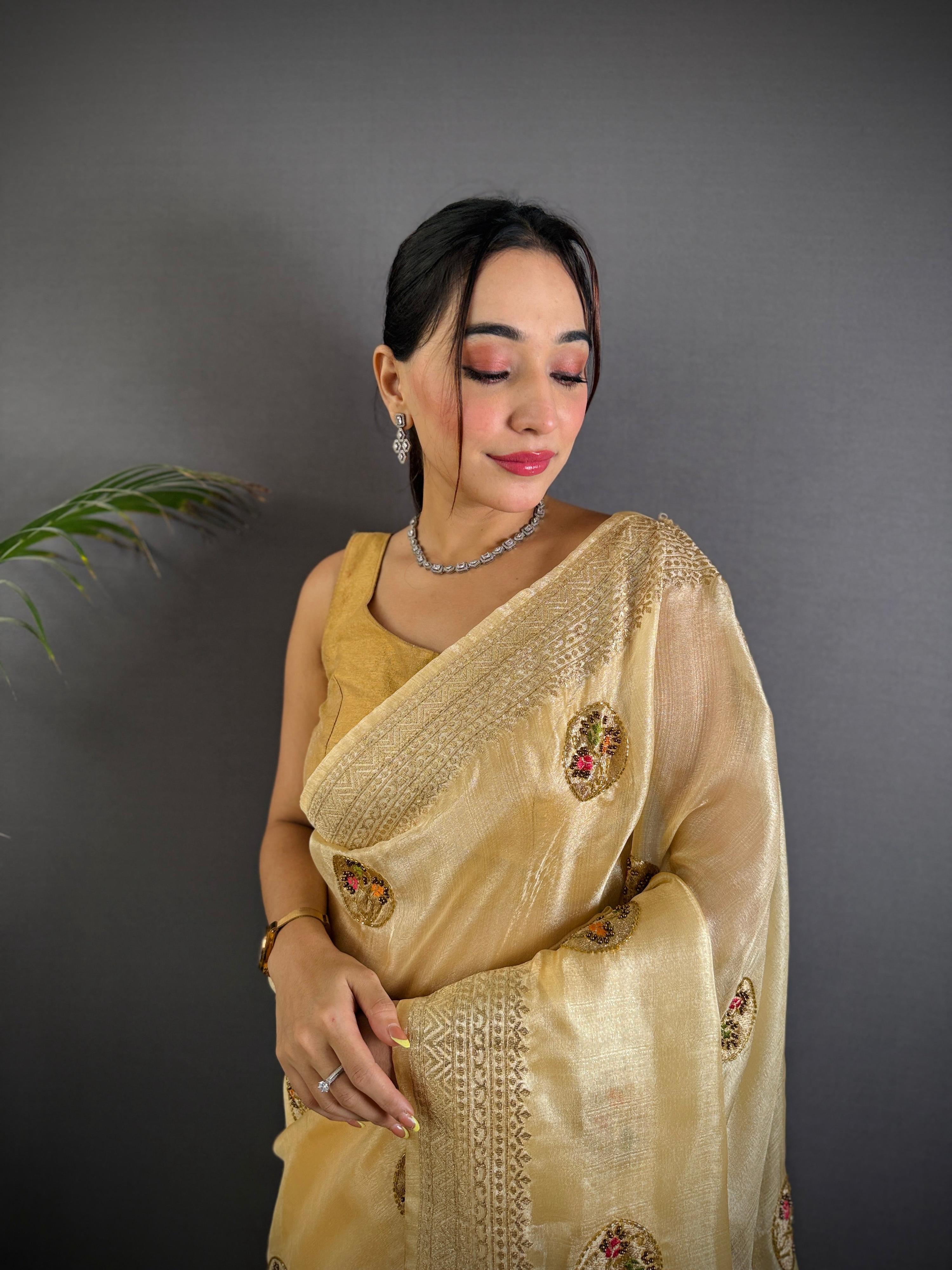 Sonakshi Women'S Chandan Pure Organza Silk With Attractive Embroidery Work Traditional Saree With Blouse | Grocsy