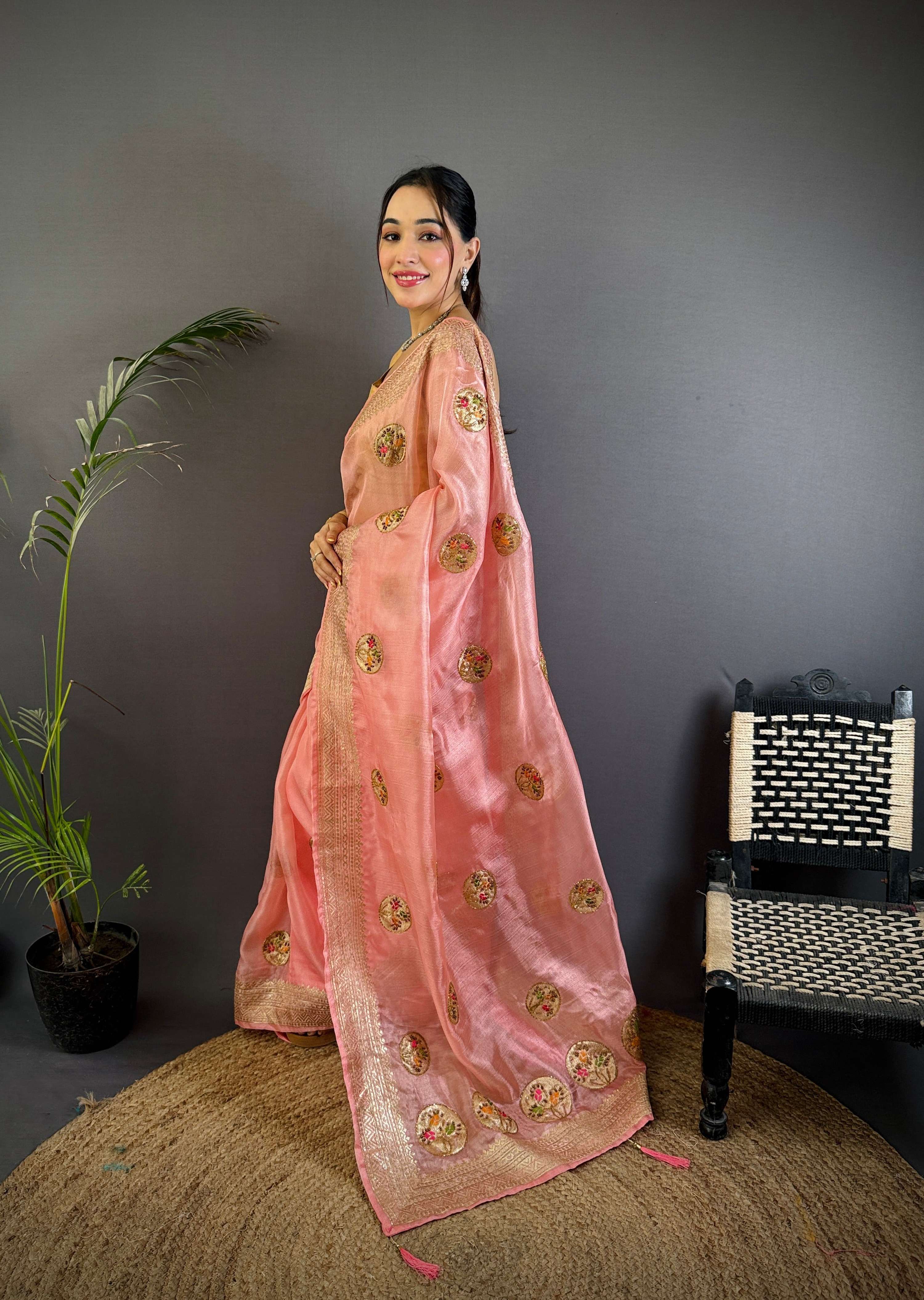 Sonakshi Women'S Gajri Pure Organza Silk With Attractive Embroidery Work Traditional Saree With Blouse | Grocsy