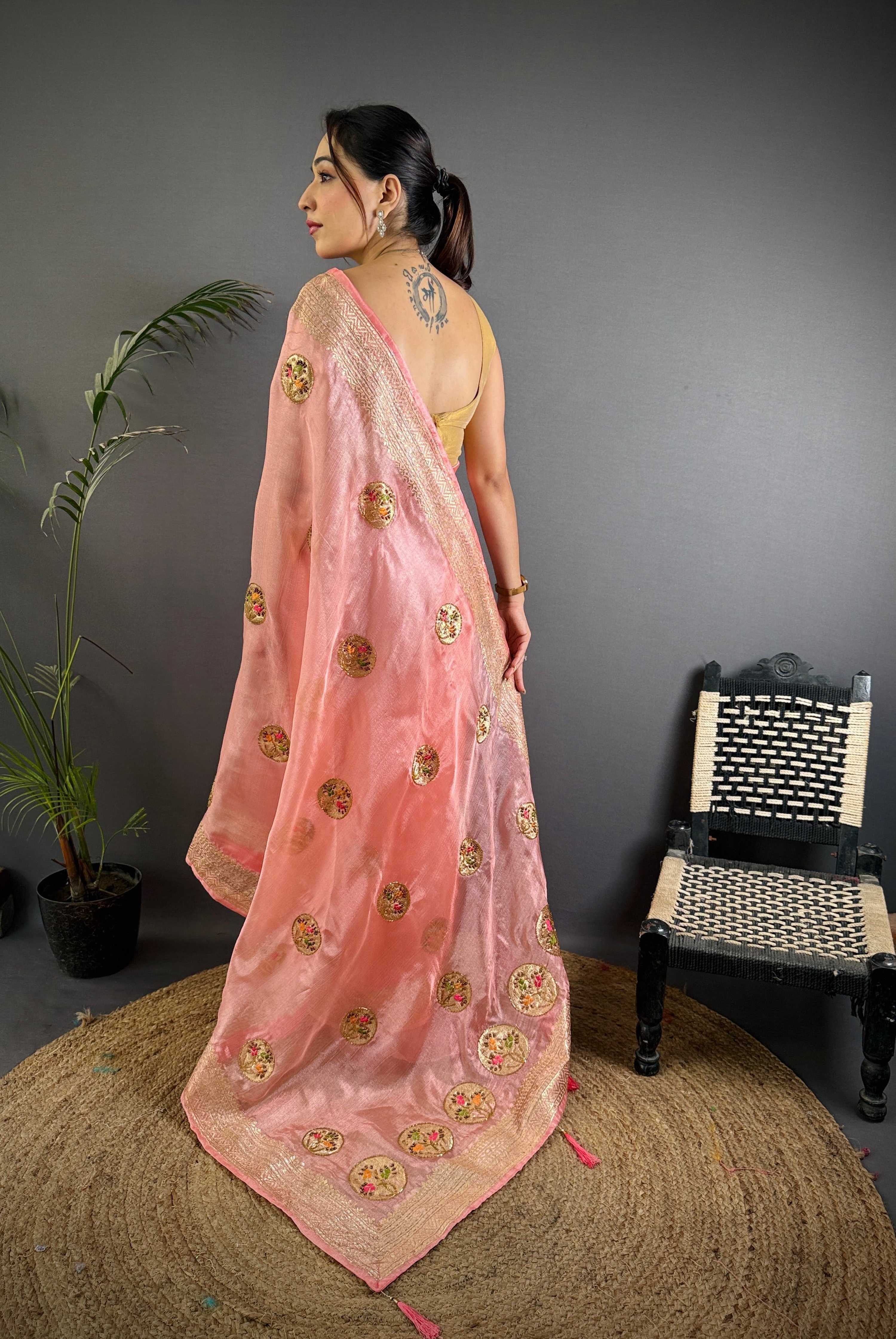 Sonakshi Women'S Gajri Pure Organza Silk With Attractive Embroidery Work Traditional Saree With Blouse | Grocsy