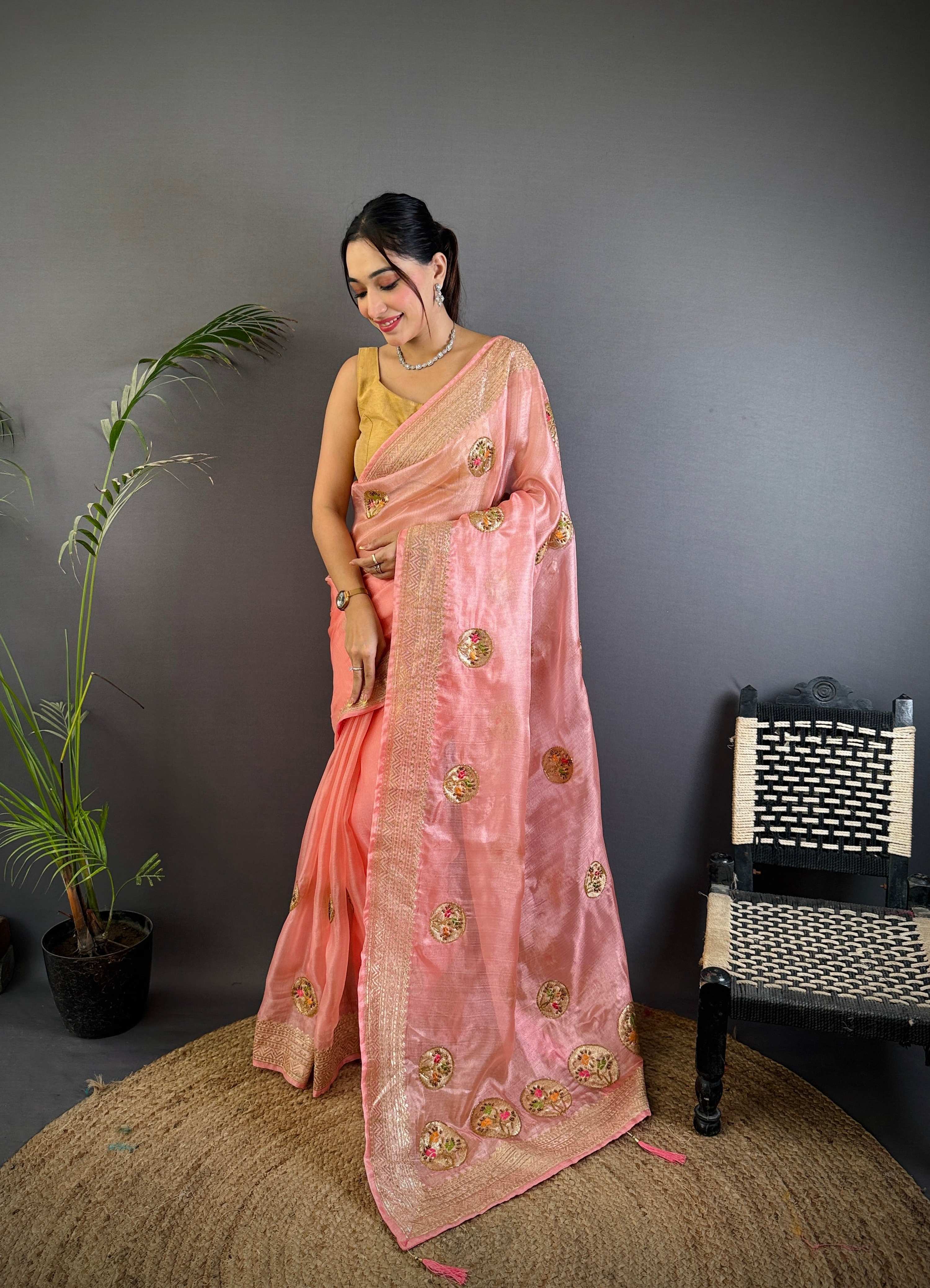Sonakshi Women'S Gajri Pure Organza Silk With Attractive Embroidery Work Traditional Saree With Blouse | Grocsy