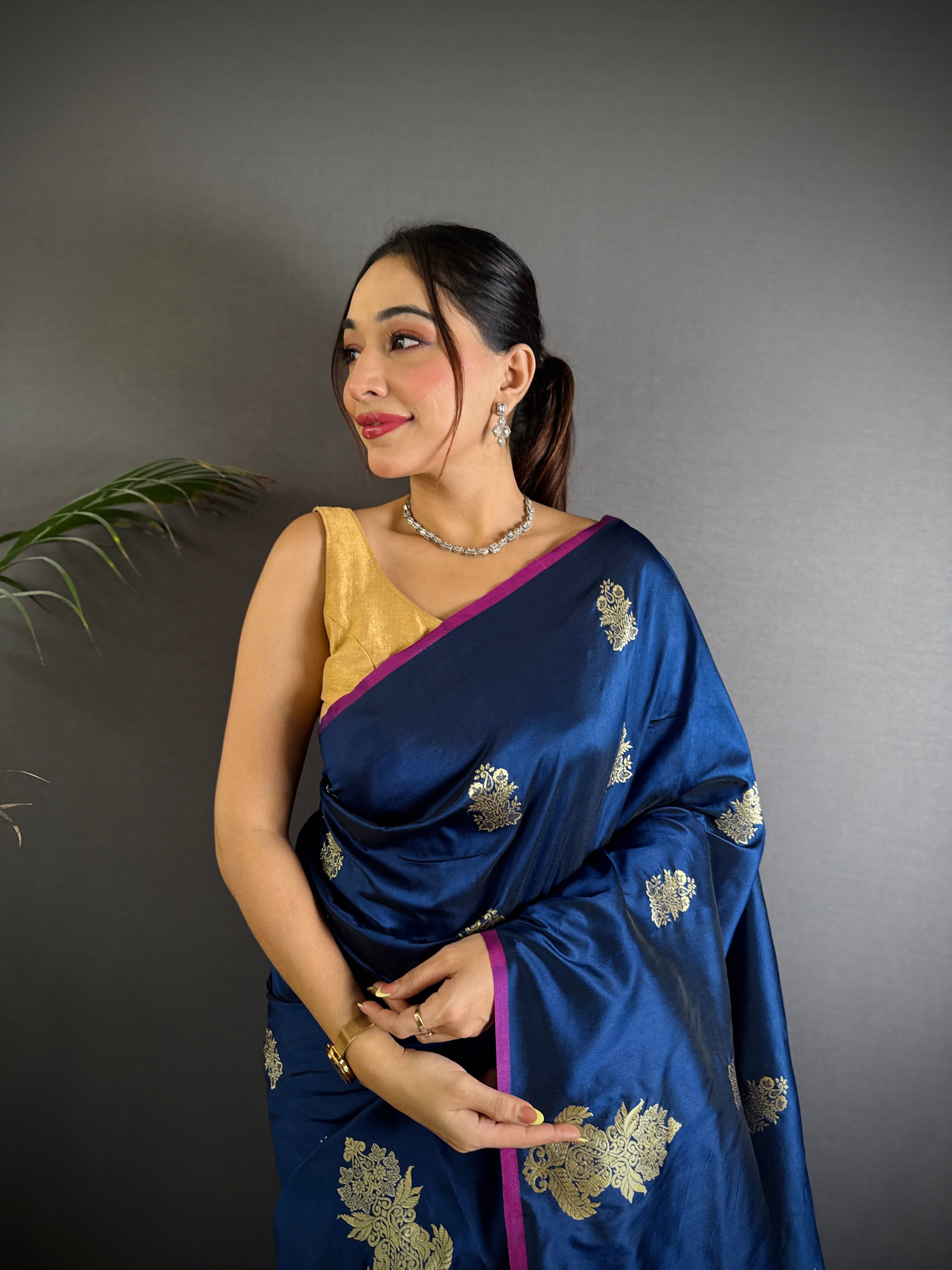 Sonakshi Women'S Blue Pure Lichi Silk With Weaving Zari Traditional Saree With Blouse | Grocsy