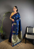 Sonakshi Women'S Blue Pure Lichi Silk With Weaving Zari Traditional Saree With Blouse | Grocsy
