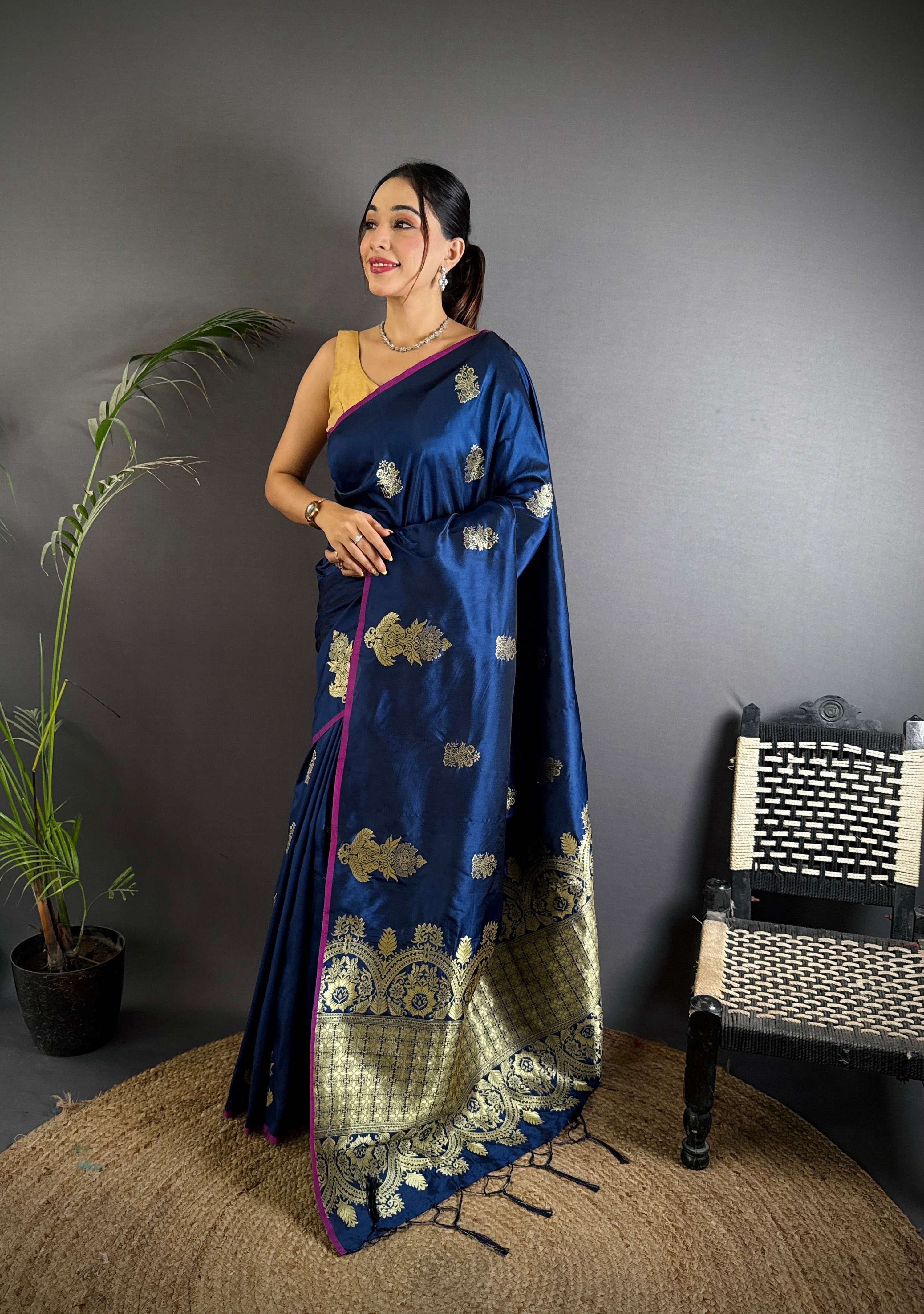 Sonakshi Women'S Blue Pure Lichi Silk With Weaving Zari Traditional Saree With Blouse | Grocsy