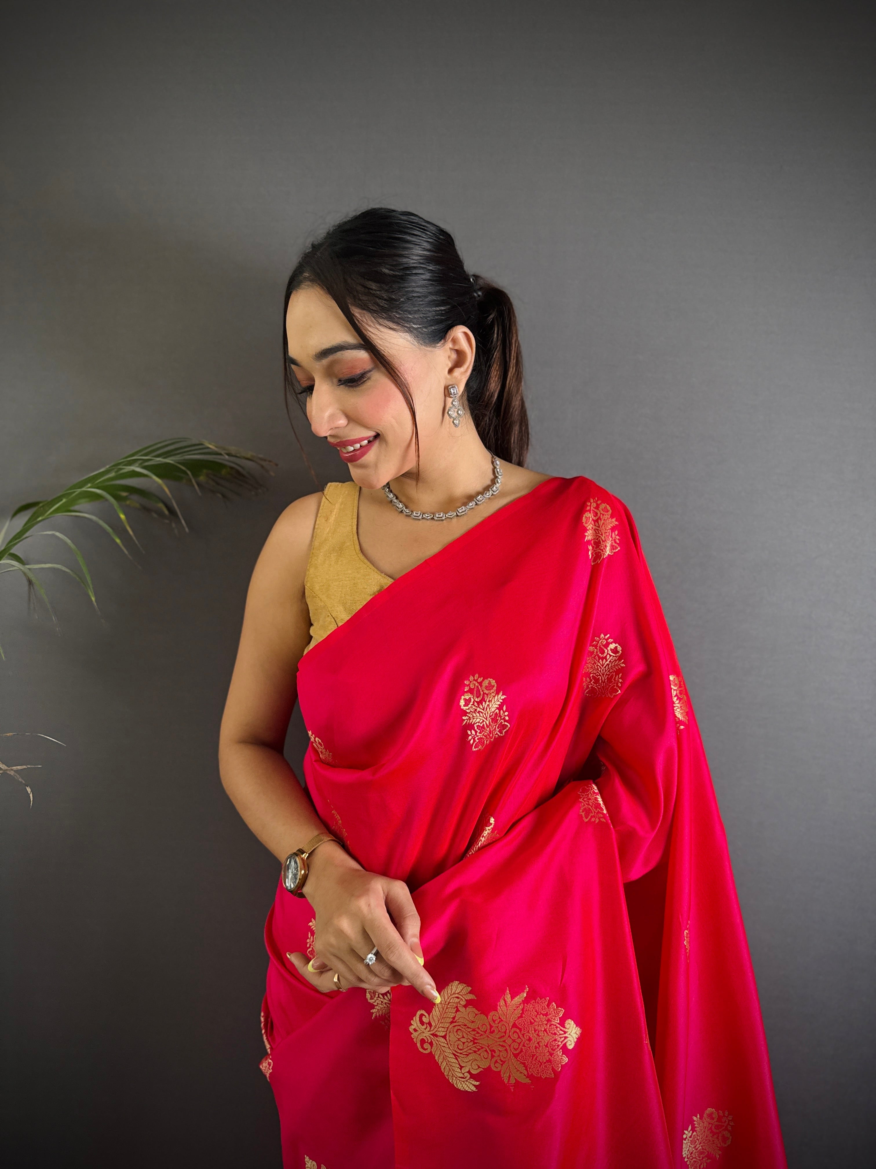 Sonakshi Women'S Ranipink Pure Lichi Silk With Weaving Zari Traditional Saree With Blouse | Grocsy
