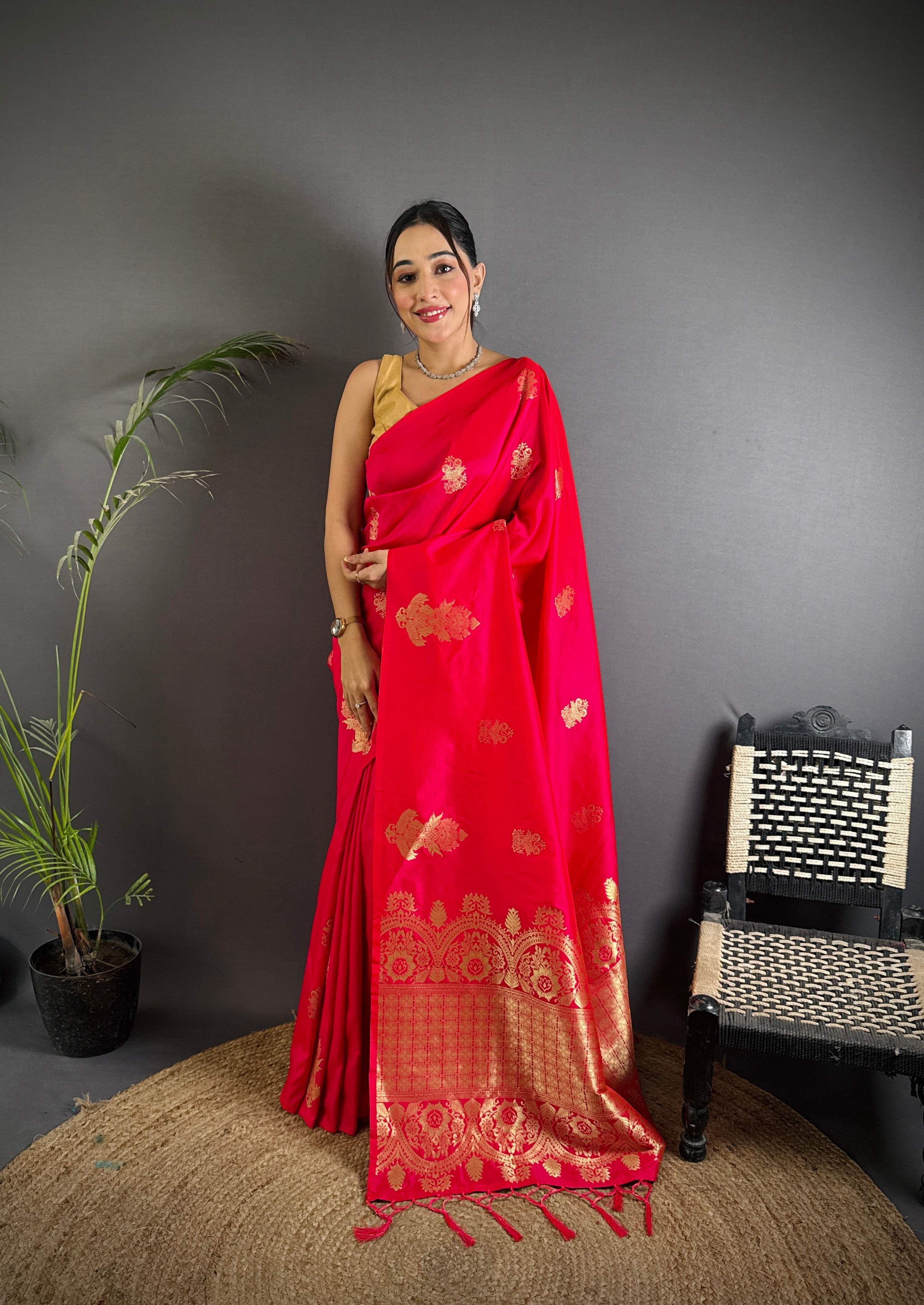 Sonakshi Women'S Ranipink Pure Lichi Silk With Weaving Zari Traditional Saree With Blouse | Grocsy