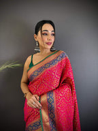 Sonakshi Women'S Pink Banarasi Soft Patola Silk With Meena & Zari Weaving Traditional Saree With Blouse | Grocsy