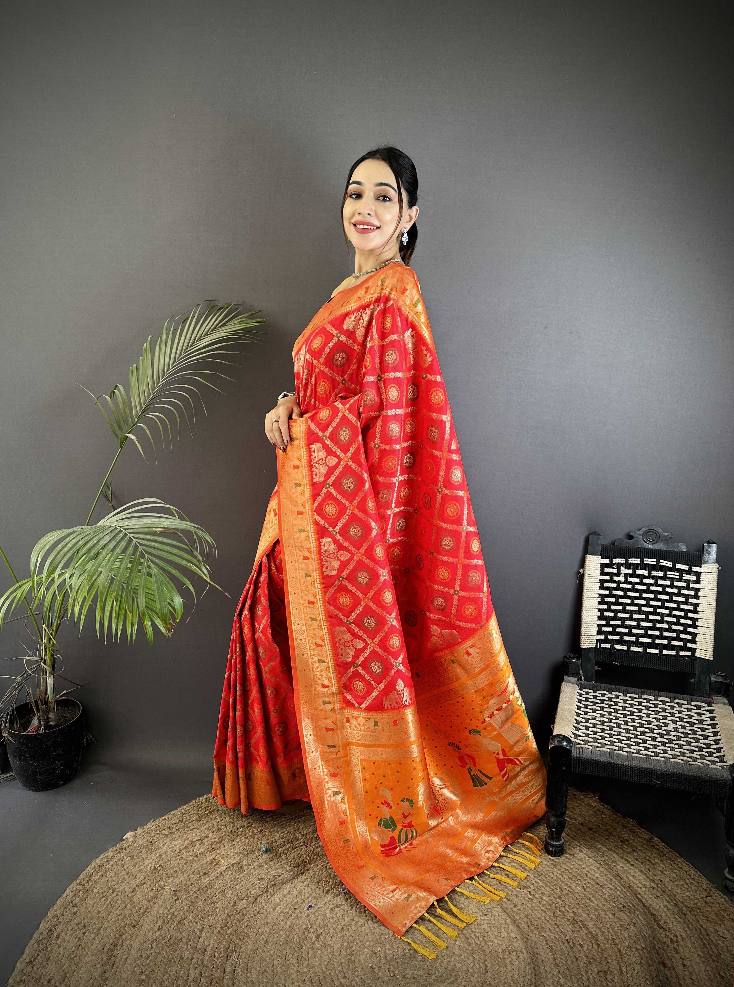 Sonakshi Women'S Red Banarasi Soft Patola Silk With Meena & Zari Weaving Traditional Saree With Blouse | Grocsy