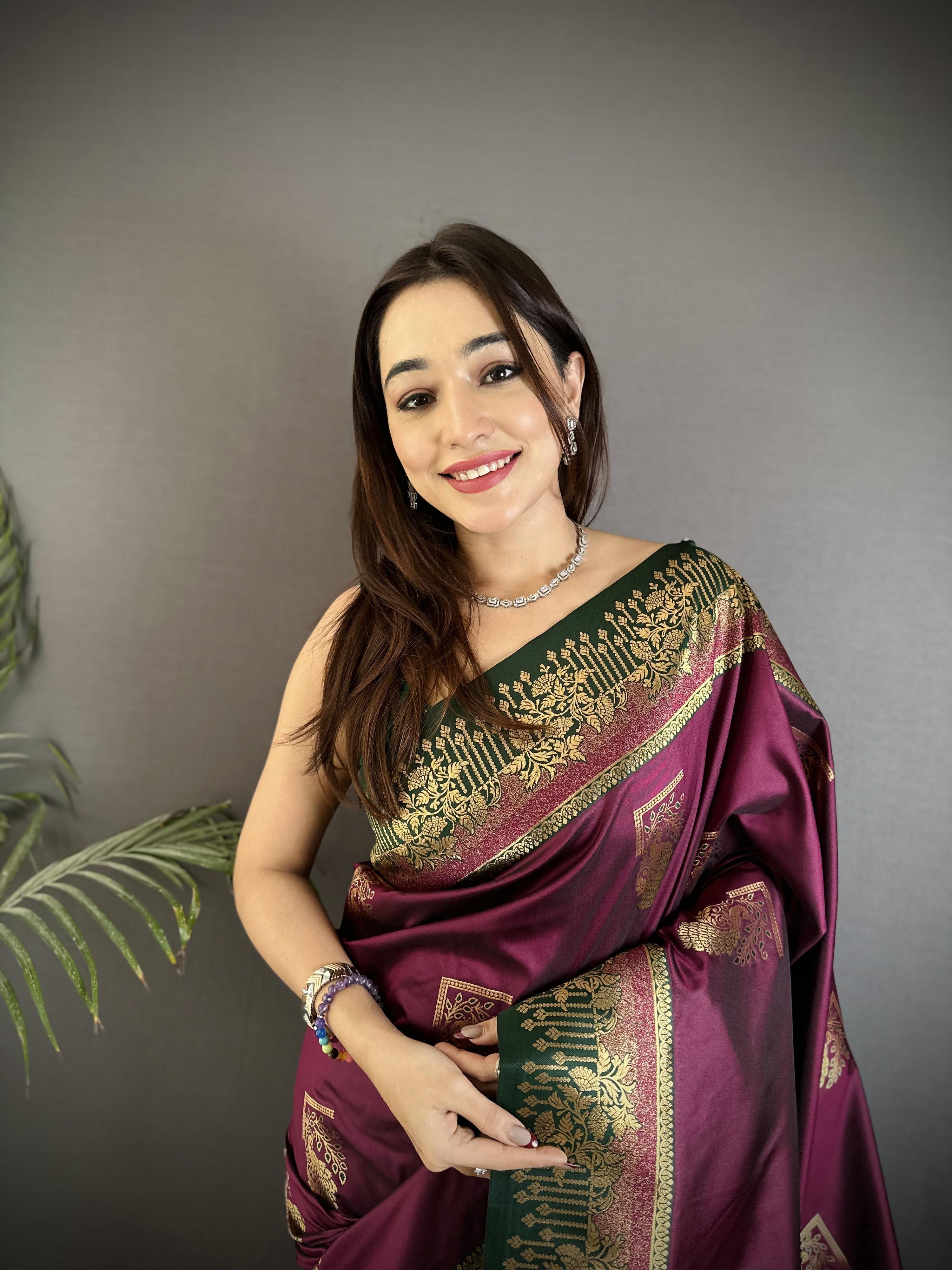 Sonakshi Women'S Wine Pure Soft Banarasi Silk With Contrast Weaving Border And Pallu Traditional Saree With Blouse | Grocsy
