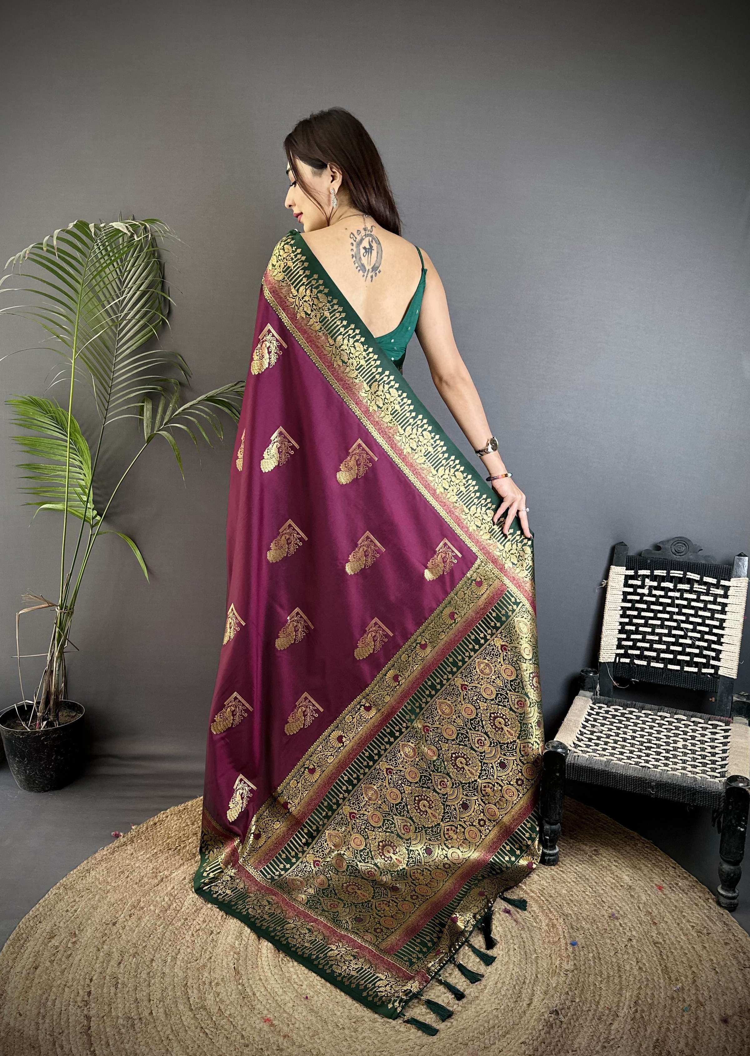 Sonakshi Women'S Wine Pure Soft Banarasi Silk With Contrast Weaving Border And Pallu Traditional Saree With Blouse | Grocsy