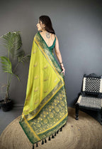 Sonakshi Women'S Mehendi Pure Soft Banarasi Silk With Contrast Weaving Border And Pallu Traditional Saree With Blouse | Grocsy