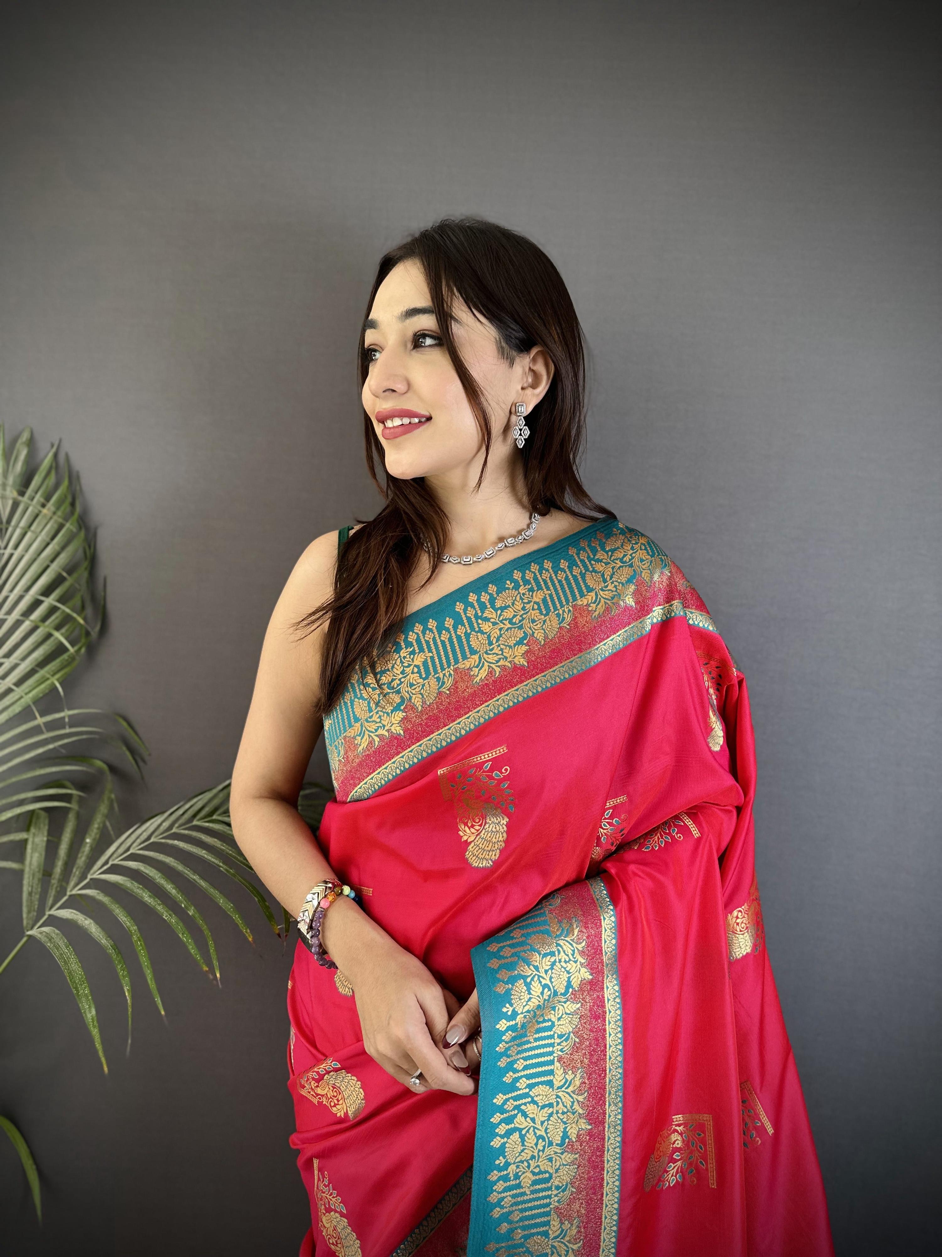 Sonakshi Women'S Ranipink Pure Soft Banarasi Silk With Contrast Weaving Border And Pallu Traditional Saree With Blouse | Grocsy