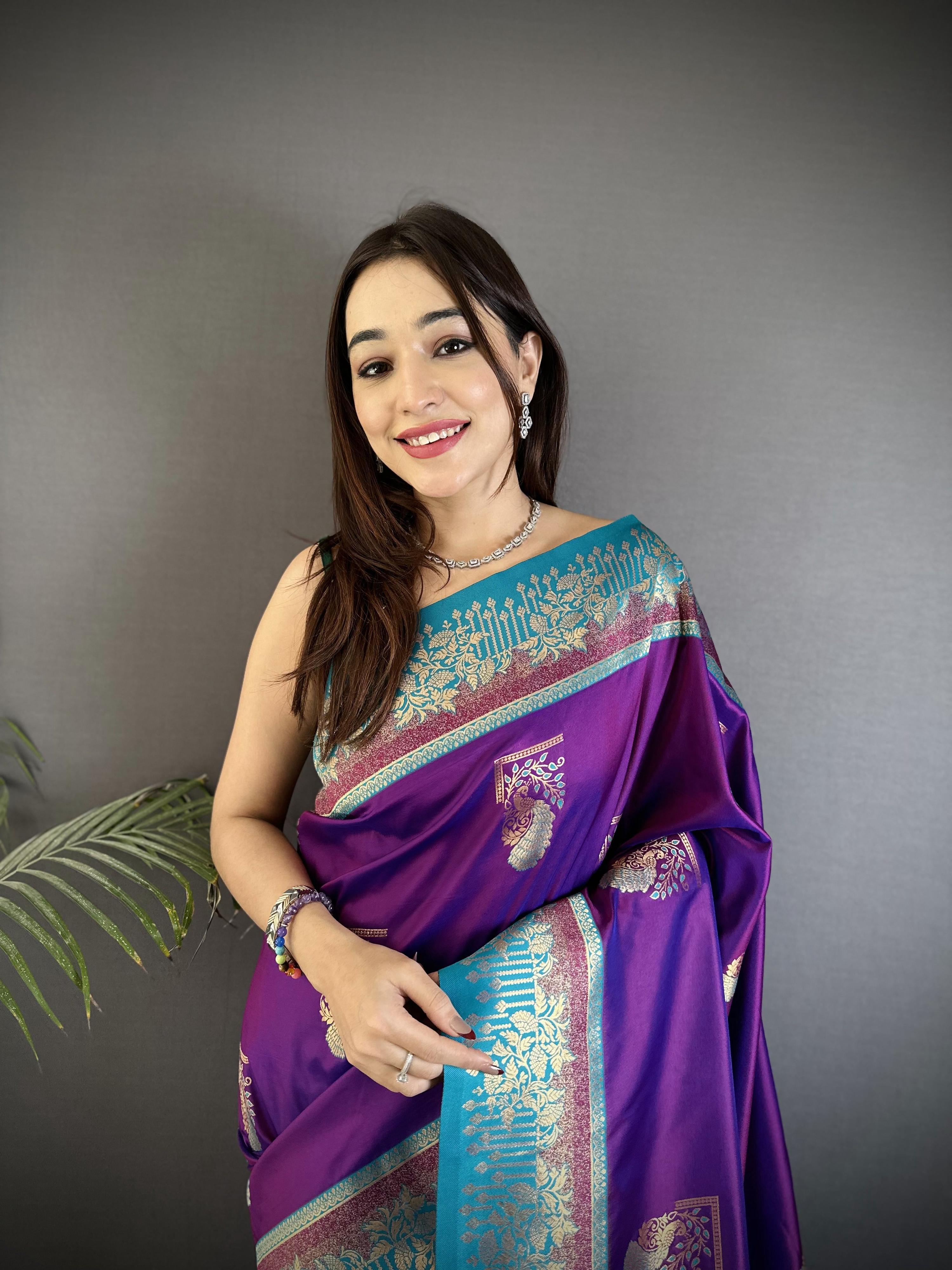 Sonakshi Women'S Blue Pure Soft Banarasi Silk With Contrast Weaving Border And Pallu Traditional Saree With Blouse | Grocsy