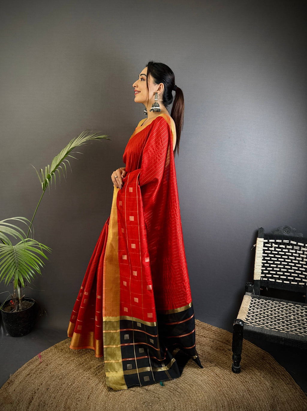 Sonakshi Women's Red Soft Cotton Silk Golden Zari Weaving Traditional Saree with Blouse | Grocsy