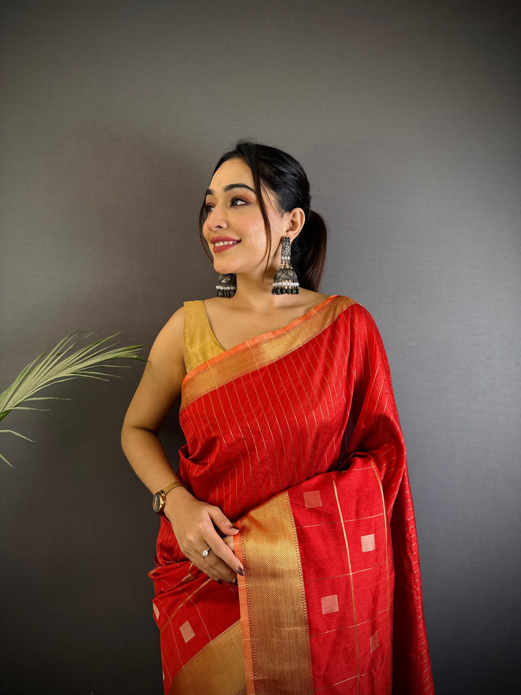 Sonakshi Women's Red Soft Cotton Silk Golden Zari Weaving Traditional Saree with Blouse | Grocsy