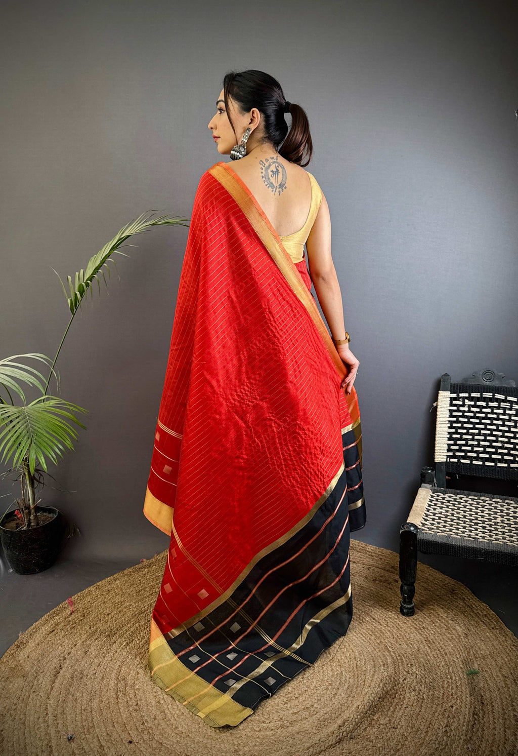 Sonakshi Women's Red Soft Cotton Silk Golden Zari Weaving Traditional Saree with Blouse | Grocsy