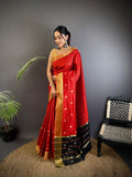 Sonakshi Women's Red Soft Cotton Silk Golden Zari Weaving Traditional Saree with Blouse | Grocsy