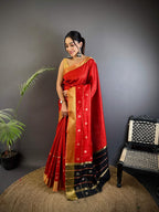 Sonakshi Women's Red Soft Cotton Silk Golden Zari Weaving Traditional Saree with Blouse | Grocsy