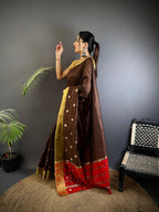 Sonakshi Women's Coffie Soft Cotton Silk Golden Zari Weaving Traditional Saree with Blouse | Grocsy