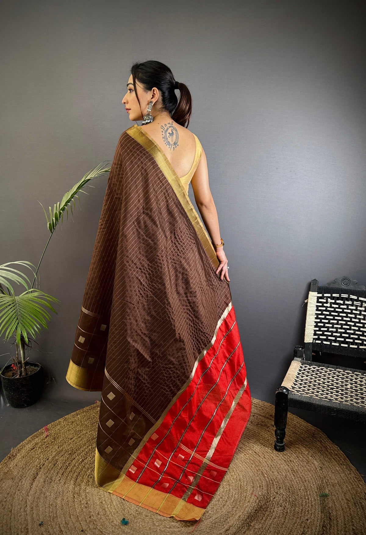 Sonakshi Women's Coffie Soft Cotton Silk Golden Zari Weaving Traditional Saree with Blouse | Grocsy