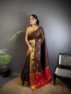 Sonakshi Women's Coffie Soft Cotton Silk Golden Zari Weaving Traditional Saree with Blouse | Grocsy