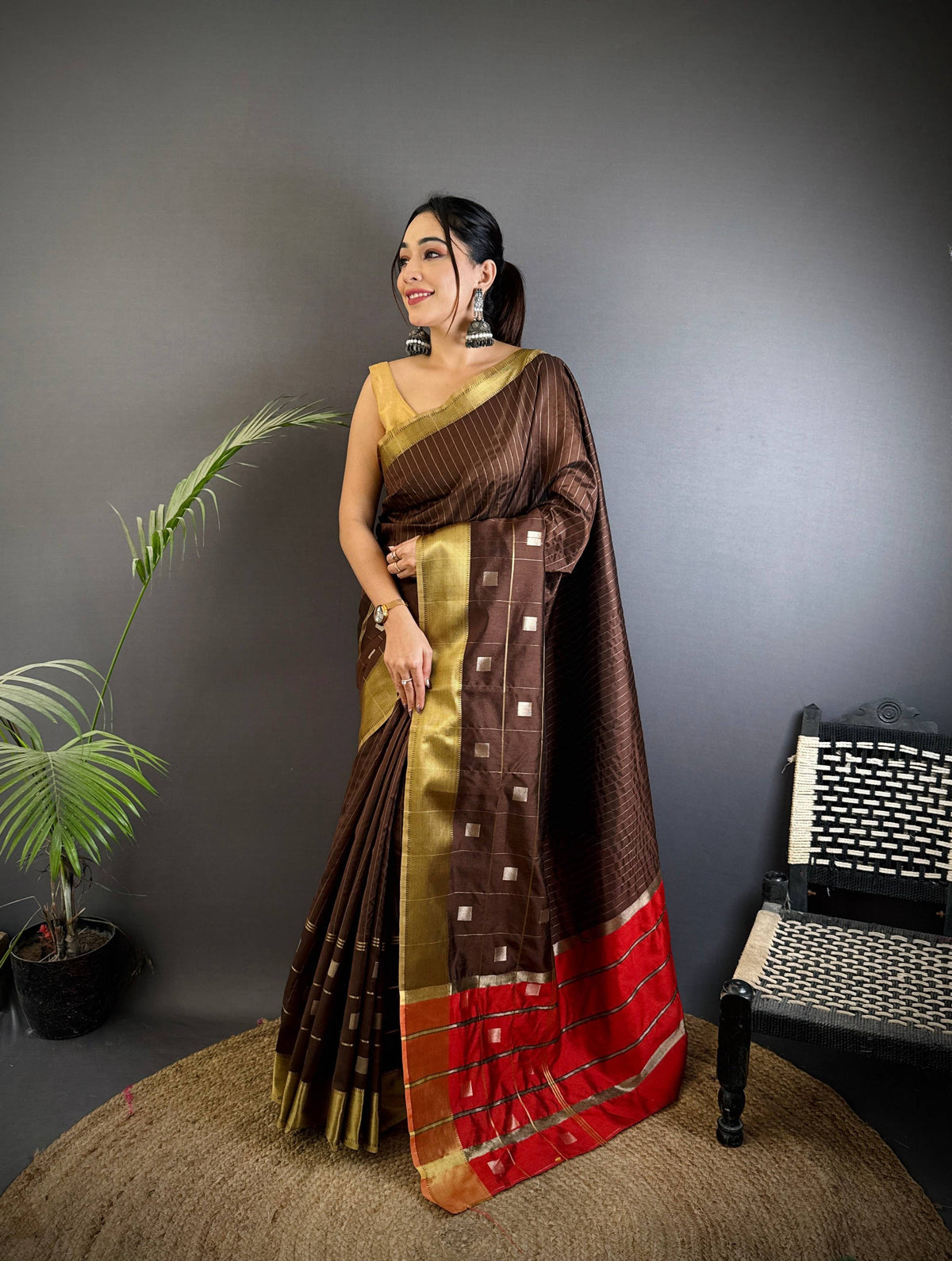 Sonakshi Women's Coffie Soft Cotton Silk Golden Zari Weaving Traditional Saree with Blouse | Grocsy