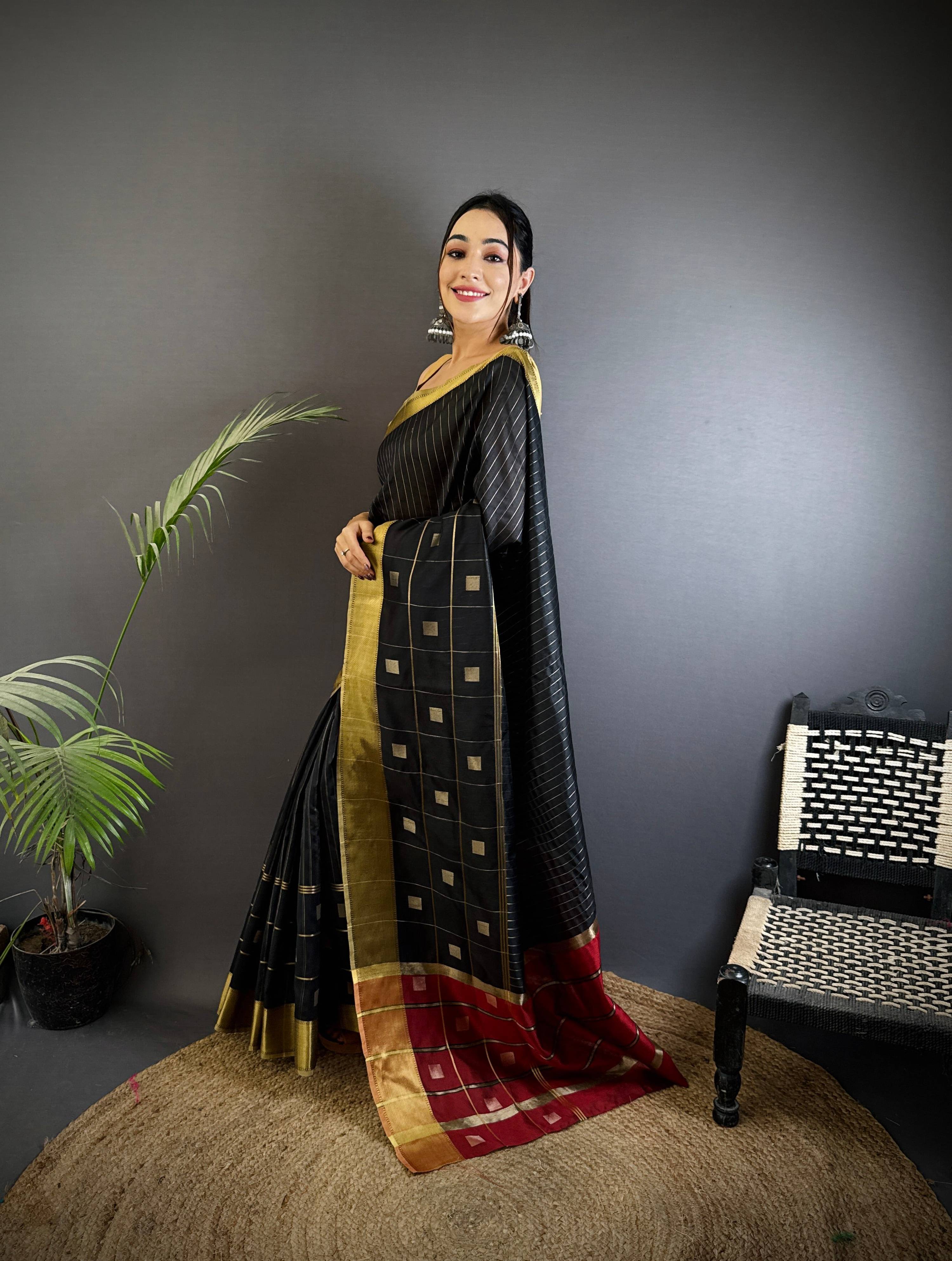 Sonakshi Women's Black Soft Cotton Silk Golden Zari Weaving Traditional Saree with Blouse | Grocsy