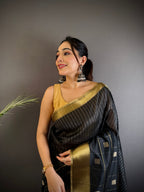 Sonakshi Women's Black Soft Cotton Silk Golden Zari Weaving Traditional Saree with Blouse | Grocsy