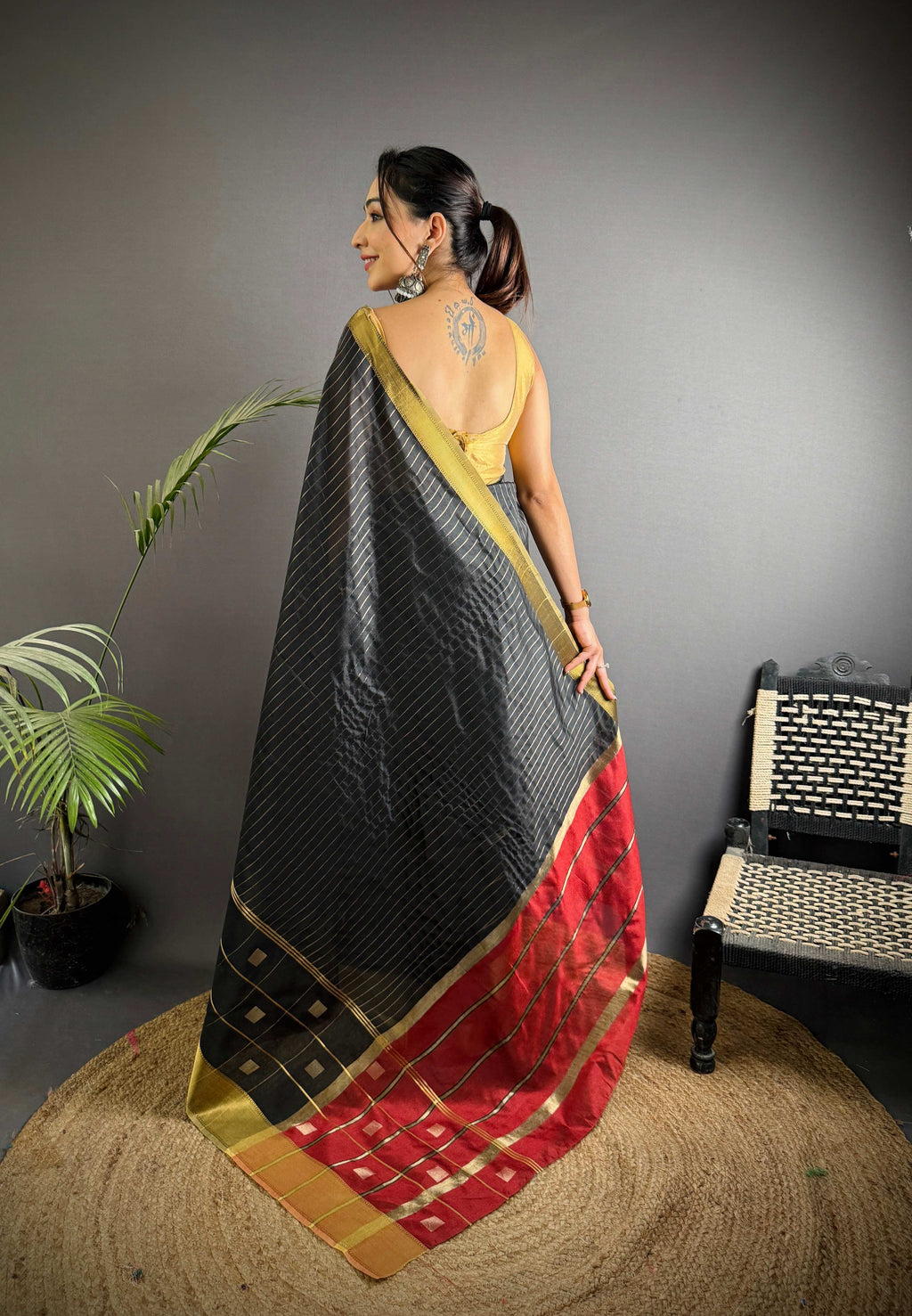 Sonakshi Women's Black Soft Cotton Silk Golden Zari Weaving Traditional Saree with Blouse | Grocsy