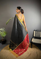 Sonakshi Women's Black Soft Cotton Silk Golden Zari Weaving Traditional Saree with Blouse | Grocsy