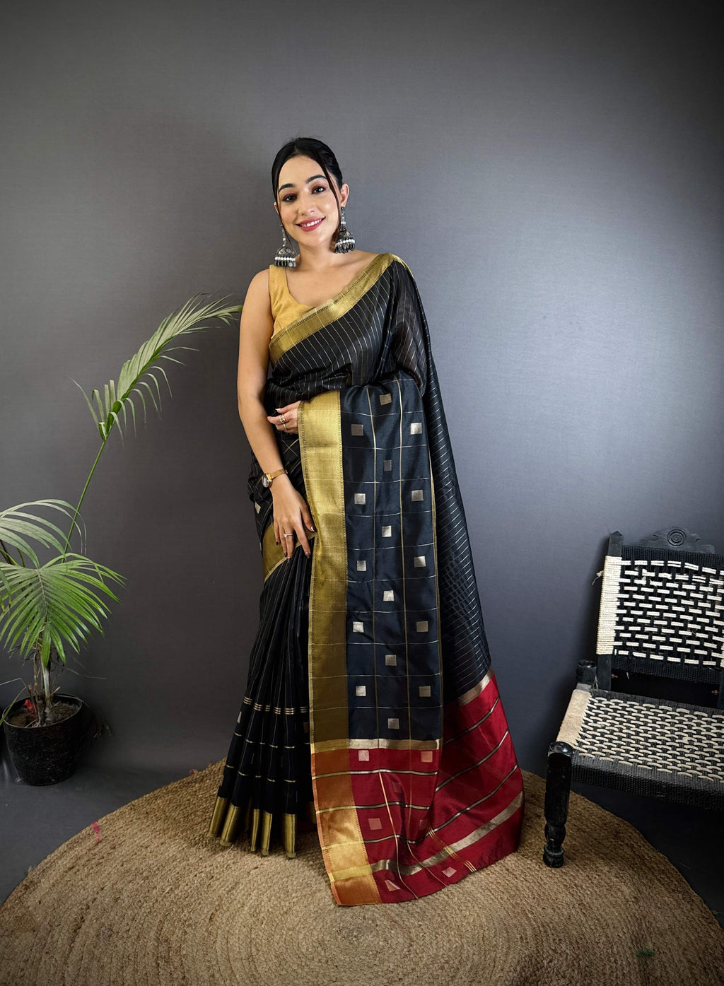Sonakshi Women's Black Soft Cotton Silk Golden Zari Weaving Traditional Saree with Blouse | Grocsy