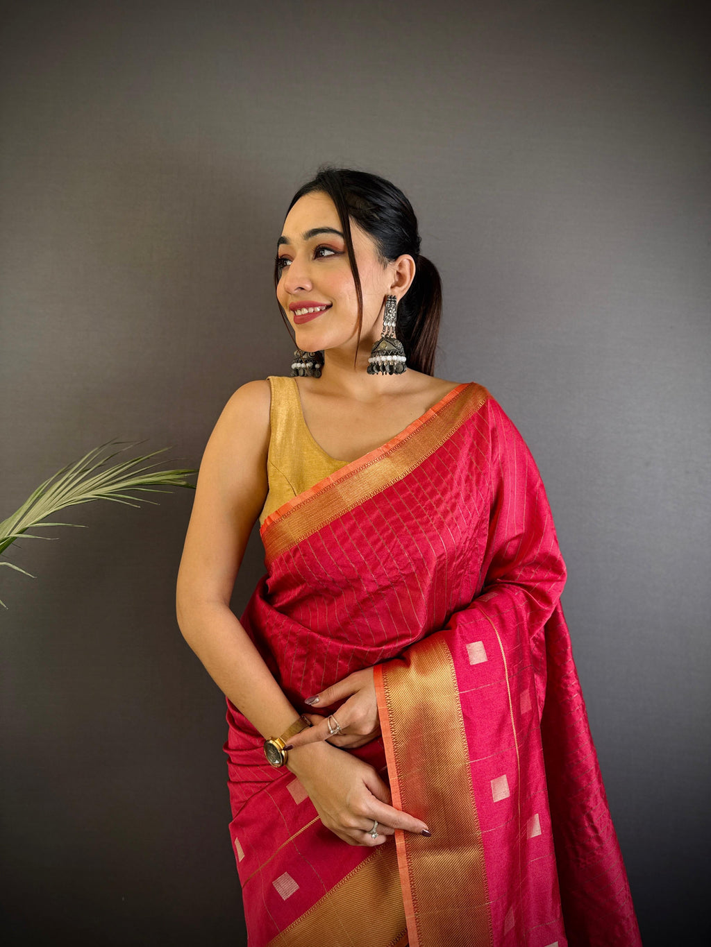 Sonakshi Women's Rani Pink Soft Cotton Silk Golden Zari Weaving Traditional Saree with Blouse | Grocsy
