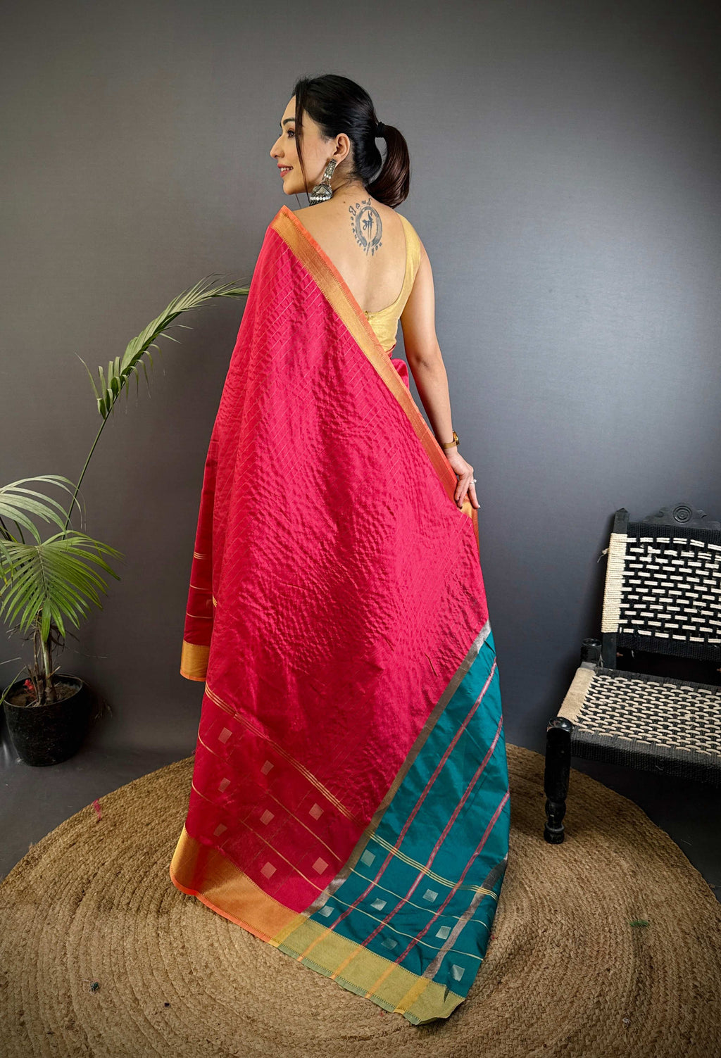 Sonakshi Women's Rani Pink Soft Cotton Silk Golden Zari Weaving Traditional Saree with Blouse | Grocsy