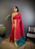 Sonakshi Women's Rani Pink Soft Cotton Silk Golden Zari Weaving Traditional Saree with Blouse | Grocsy