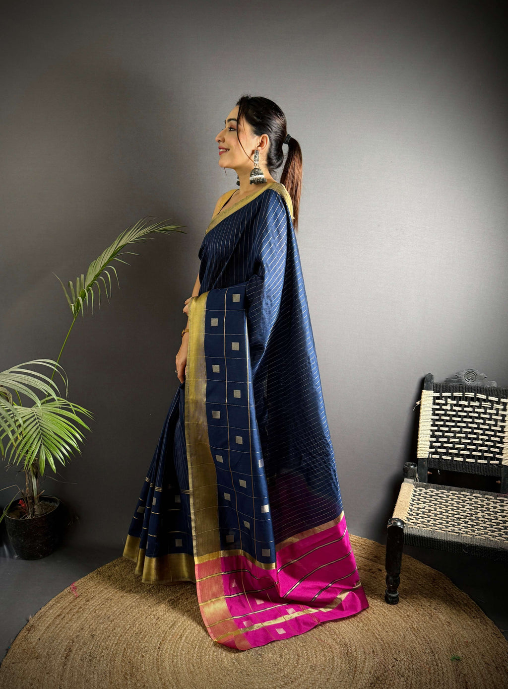 Sonakshi Women's Royal Blue Soft Cotton Silk Golden Zari Weaving Traditional Saree with Blouse | Grocsy