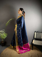 Sonakshi Women's Royal Blue Soft Cotton Silk Golden Zari Weaving Traditional Saree with Blouse | Grocsy