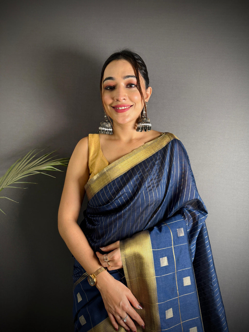 Sonakshi Women's Royal Blue Soft Cotton Silk Golden Zari Weaving Traditional Saree with Blouse | Grocsy