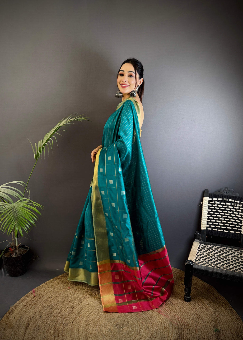 Sonakshi Women's Teal Soft Cotton Silk Golden Zari Weaving Traditional Saree with Blouse | Grocsy