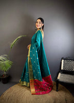 Sonakshi Women's Teal Soft Cotton Silk Golden Zari Weaving Traditional Saree with Blouse | Grocsy